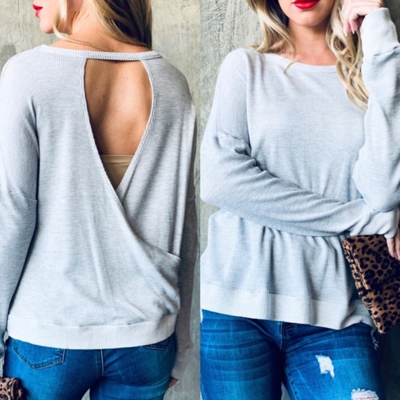 CECILLE Open Back H. grey Long Sleeve Top - Picture 2 of 2
